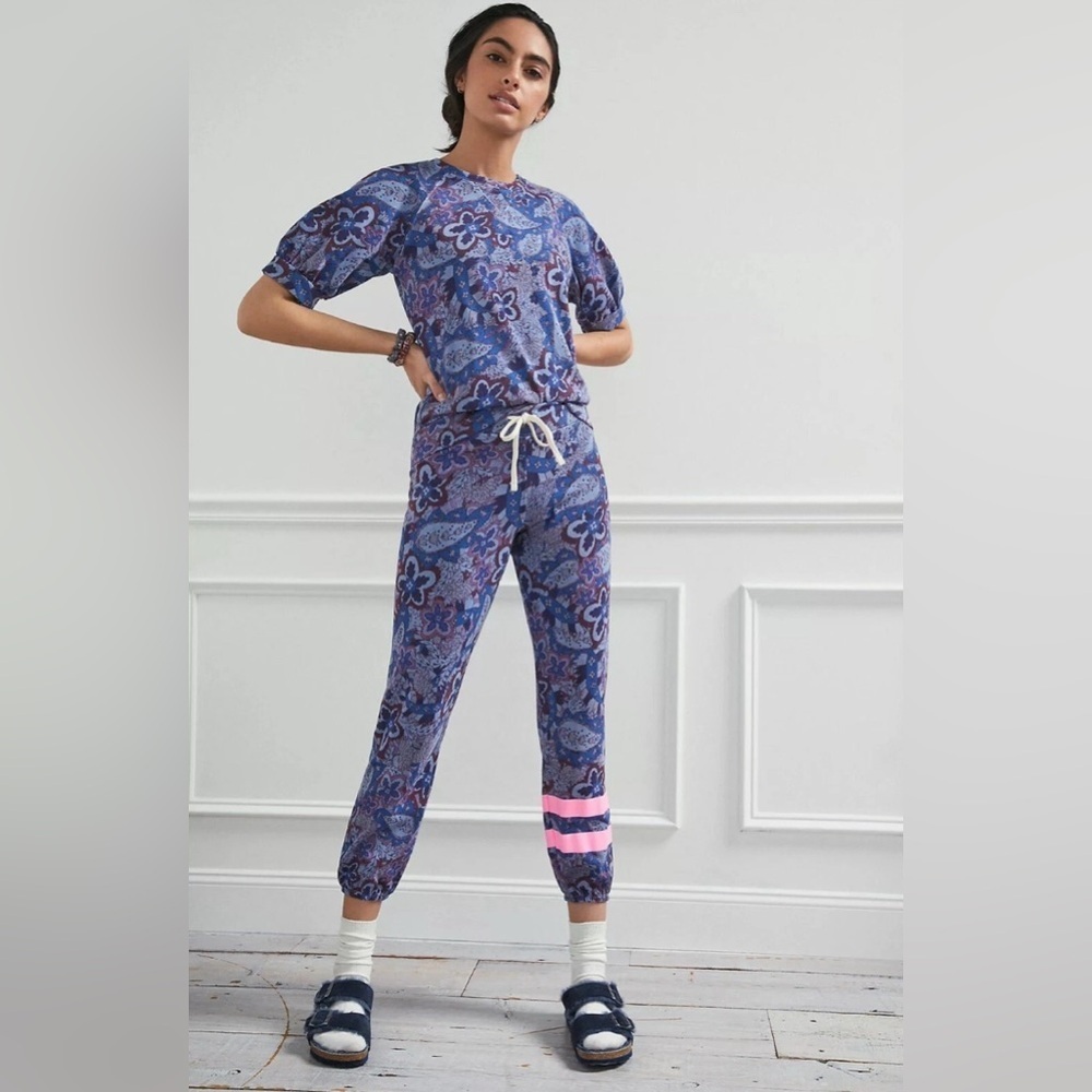 SUNDRY Anthro Sm+Md Blue Paisley Stripe SET NEW Streetwear Cozy Casual Joggers